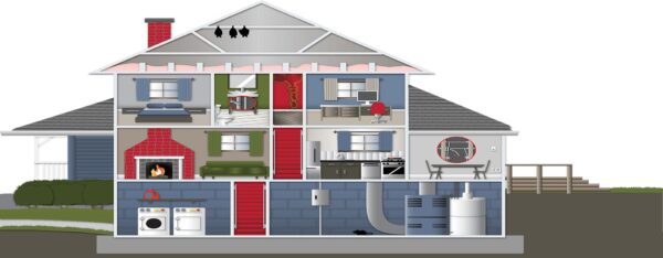 A cross section of an apartment building showing the interior.